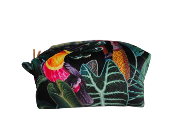 Tropical print cosmetic bag in black and green