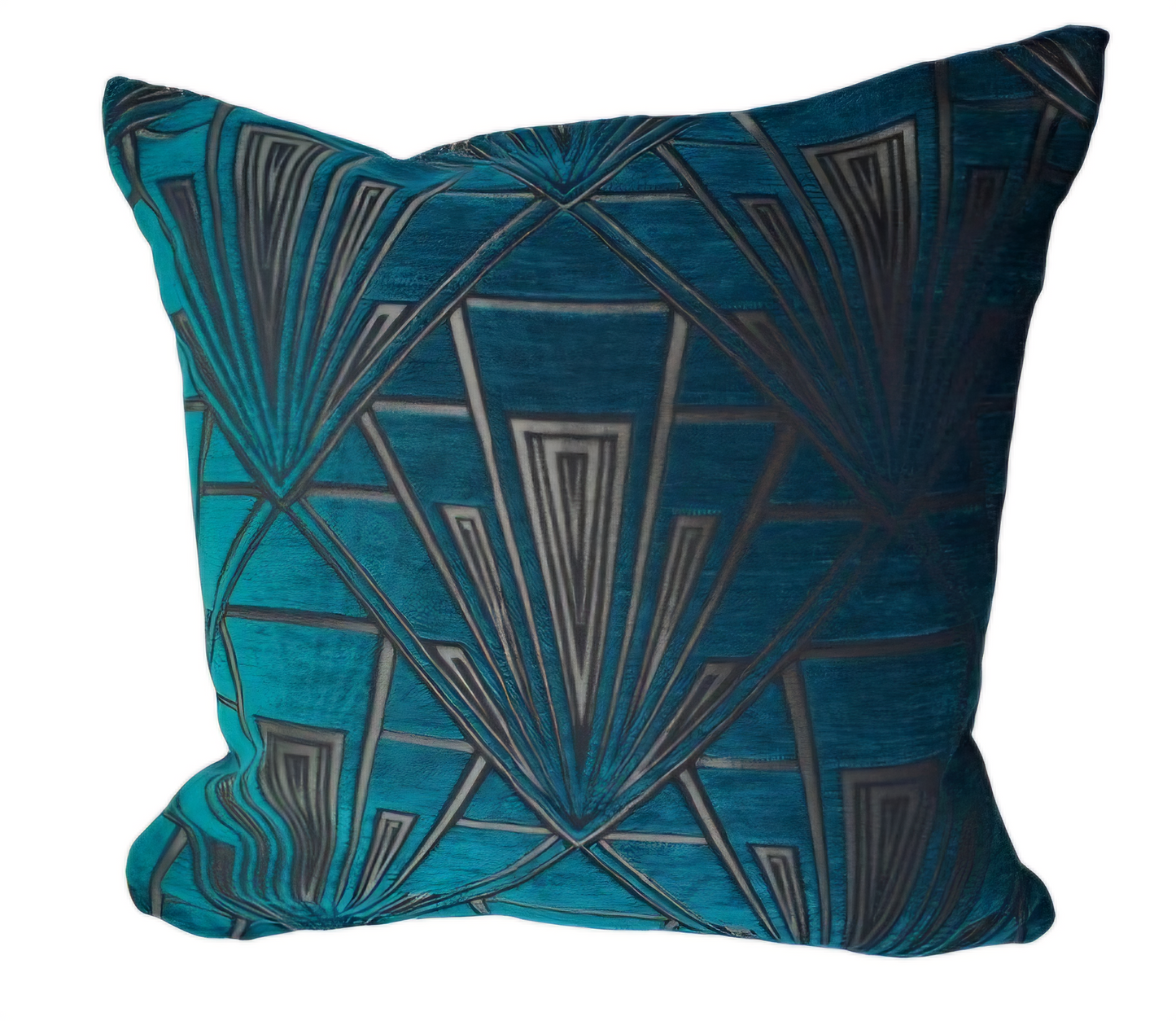 Art Deco print cushion in teal and gold