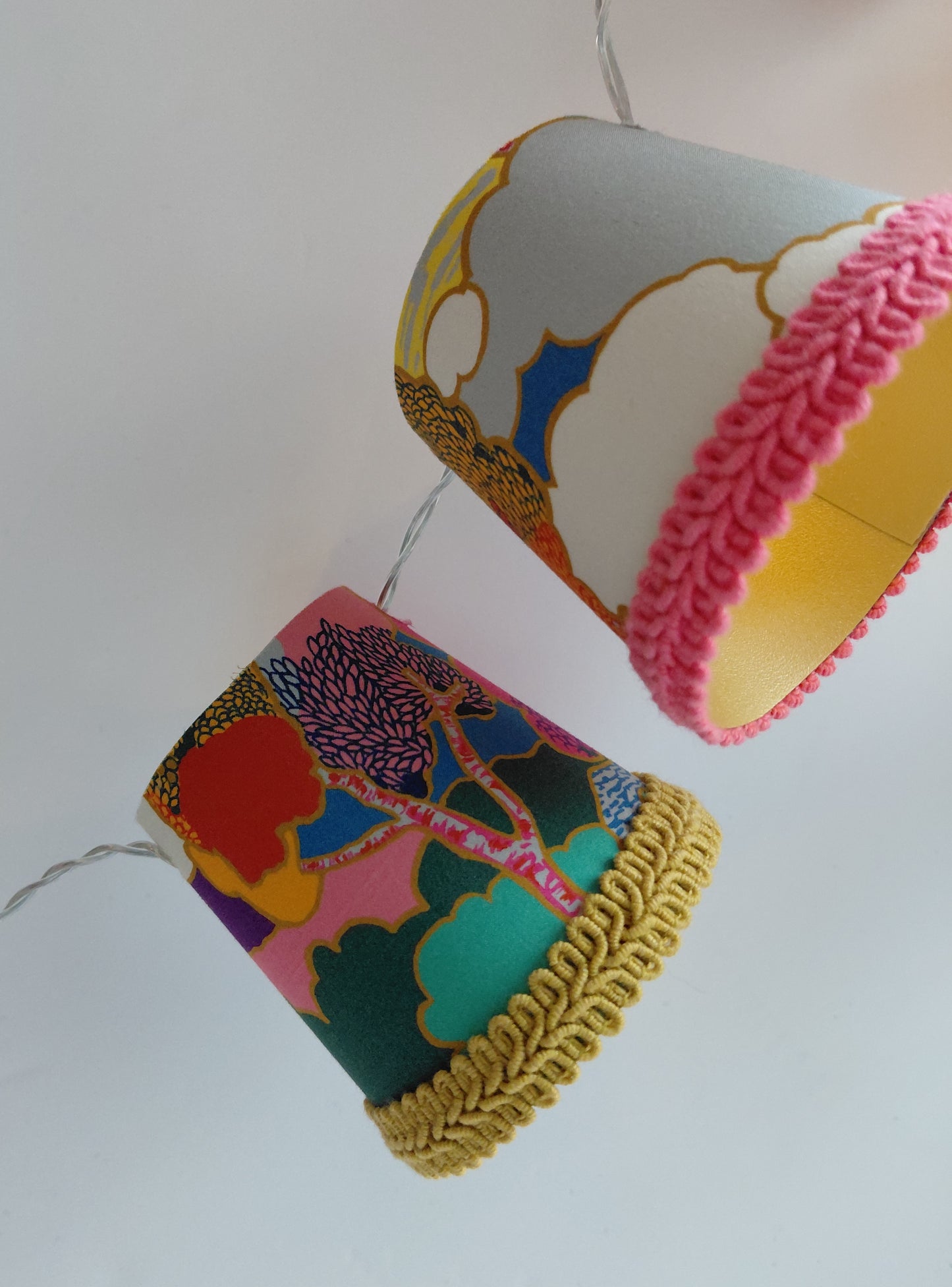 Fairy lights, fabric lanterns- Pink, yellow and blue tree print fabric string of lights with gold lining
