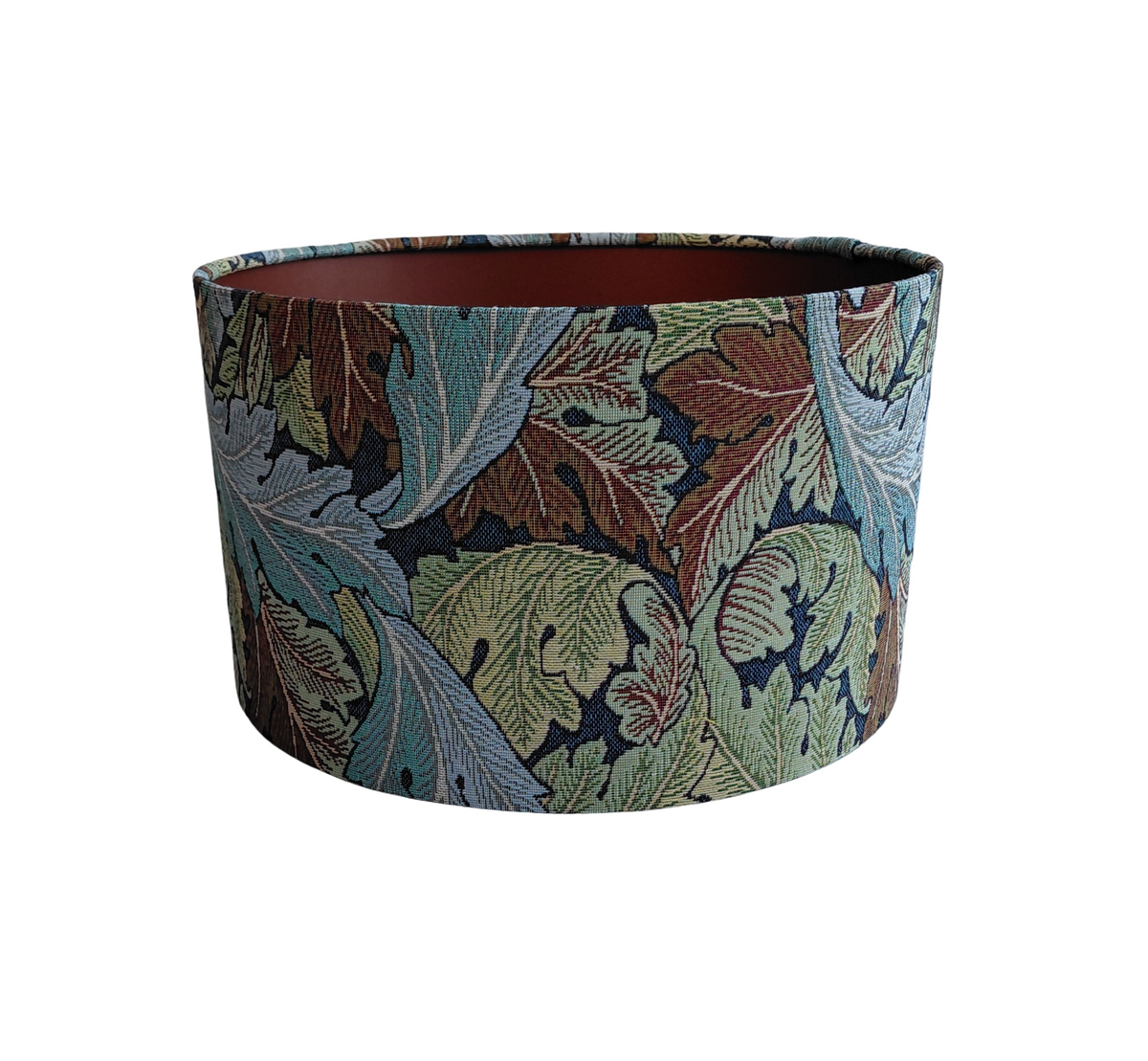 William Morris Acanthus tapestry print lampshade in blue and green with metallic embossed lining