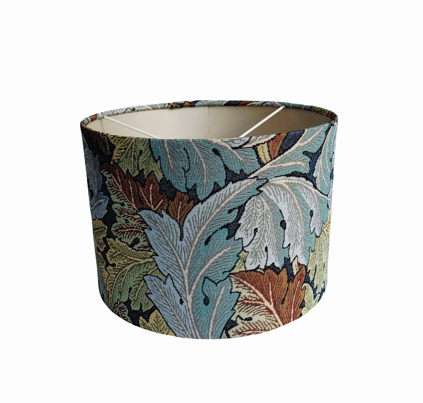 William Morris Acanthus tapestry print lampshade in blue and green with metallic embossed lining