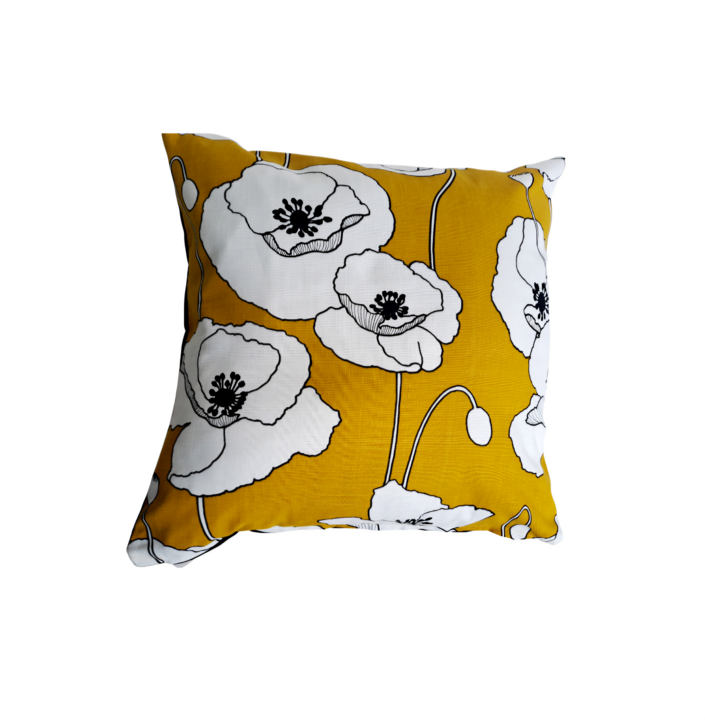 Poppy print cushion in mustard and black