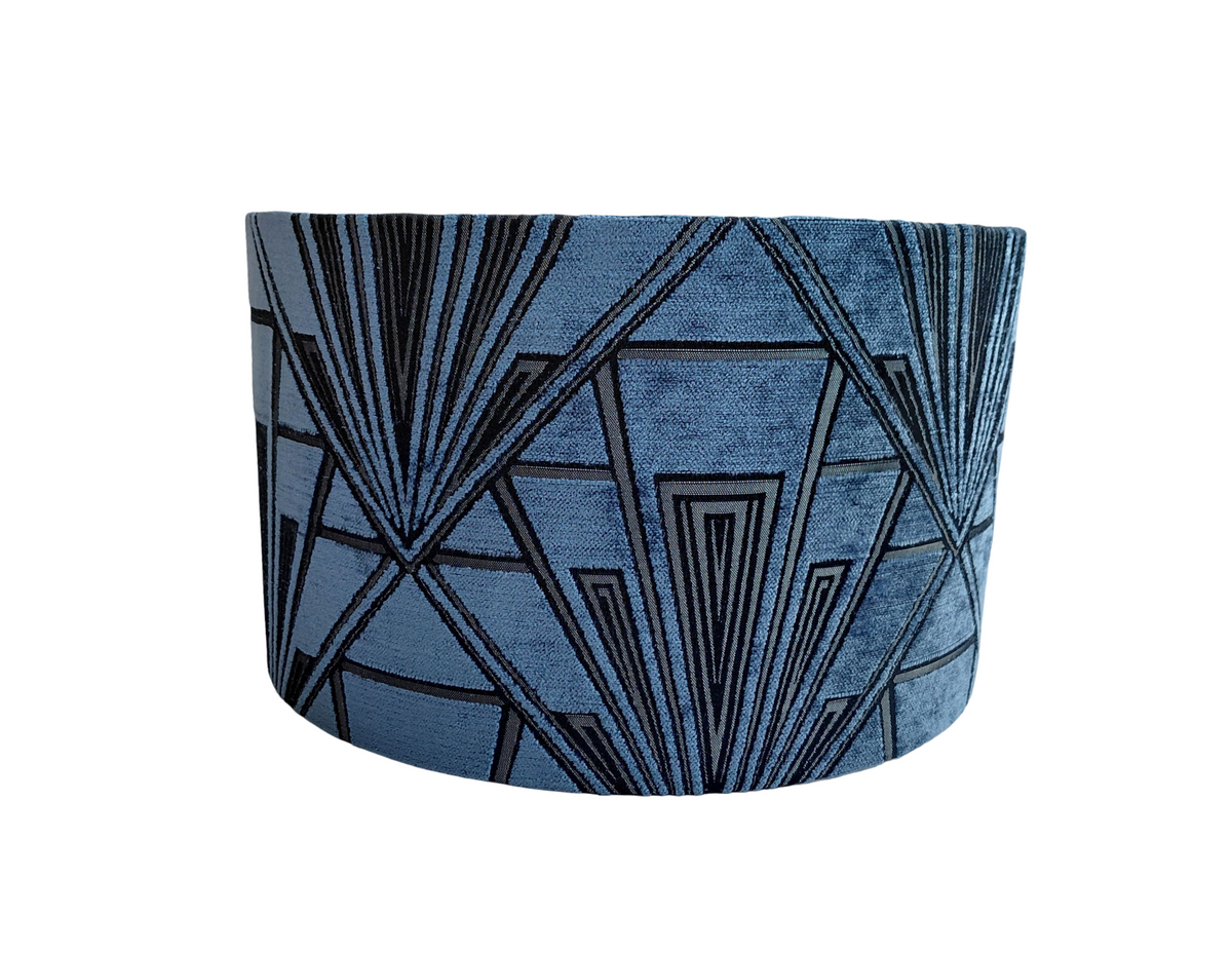 Art Deco print lampshade in navy with silver mirror lining