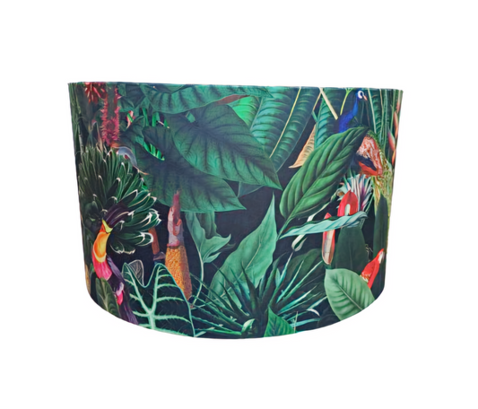 Tropical rainforest print lampshade in green velvet