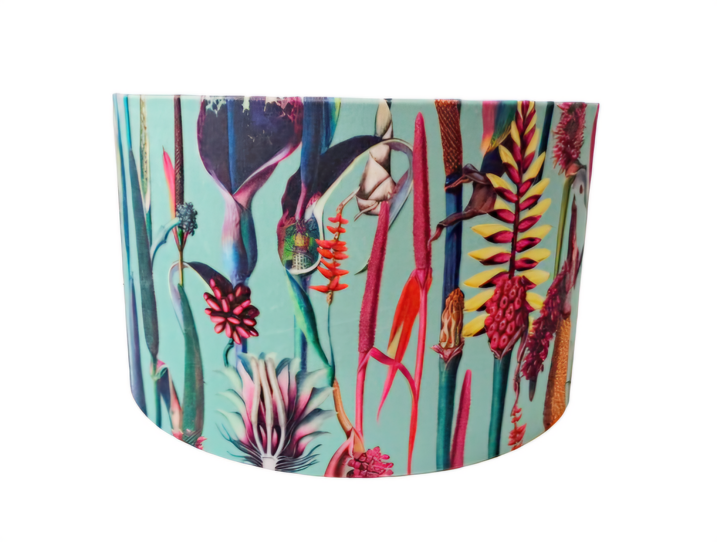 Botanical print lampshade in blue and pink with metallic embossed lining