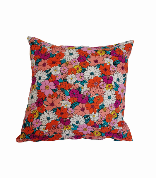 Wildflower Print Cushion – Red, Purple and Pink Pillow – Lush Floral Cushion Cover – Bright Botanical Decor – Nature Inspired Sofa Pillow