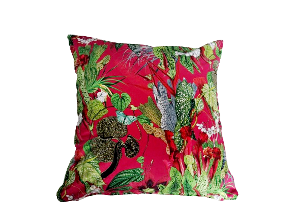 Tropical print velvet cushion in pink and green