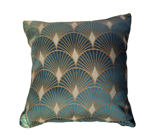 Art Deco print cushion in green and gold