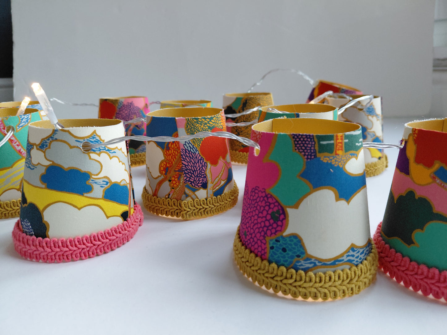 Fairy lights, fabric lanterns- Pink, yellow and blue tree print fabric string of lights with gold lining