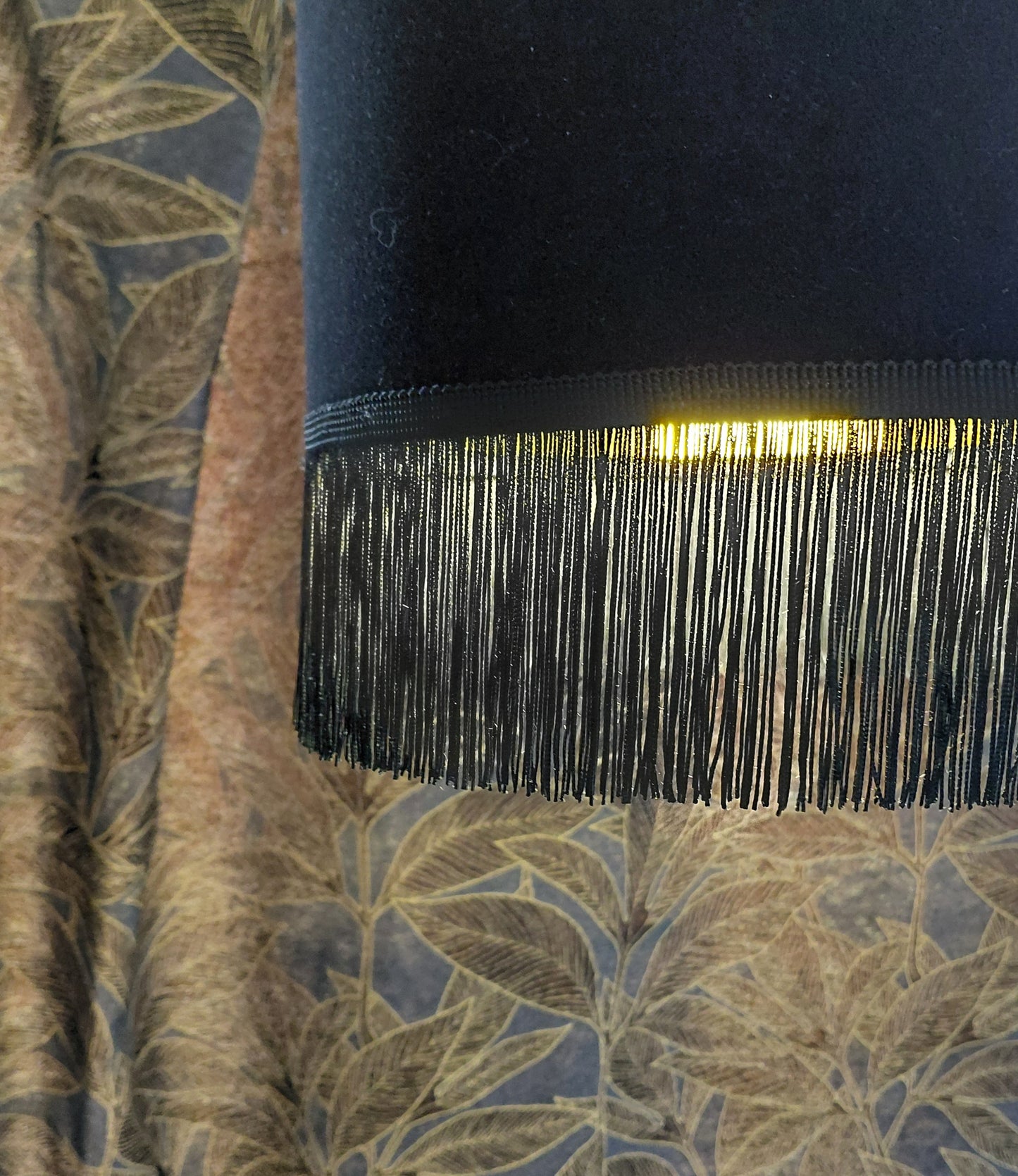 Black velvet lampshade with mirror gold lining and black fringe