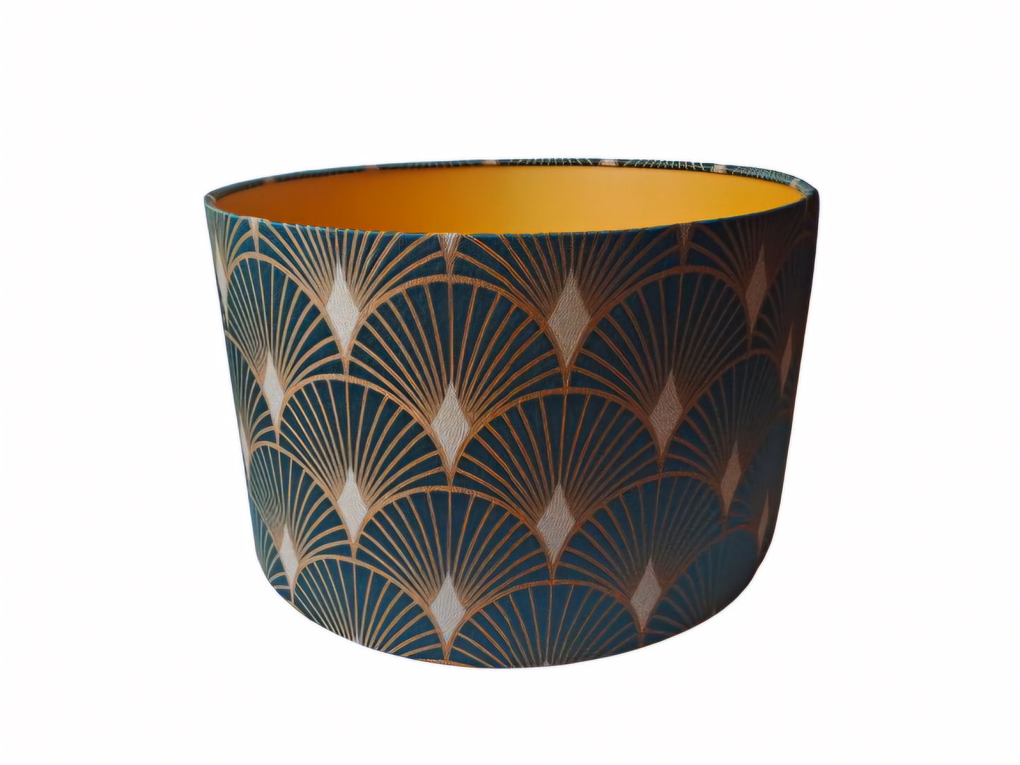 Art deco print lampshade in gold and green with metallic embossed lining