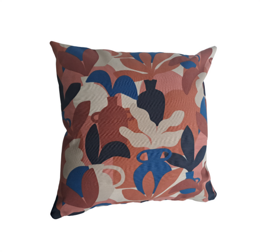 Vase print cushion in terracotta and blue