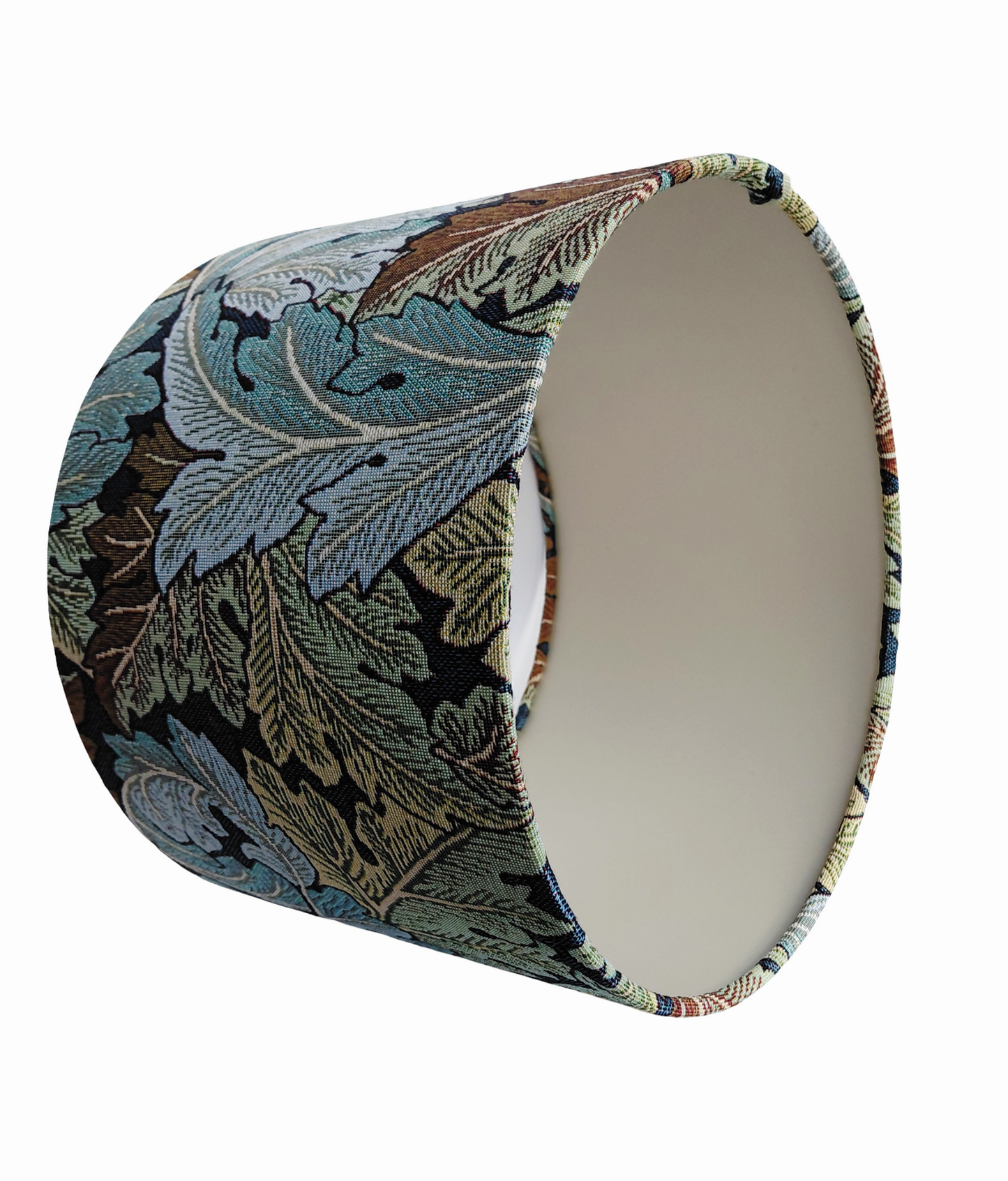 William Morris Acanthus tapestry print lampshade in blue and green with metallic embossed lining