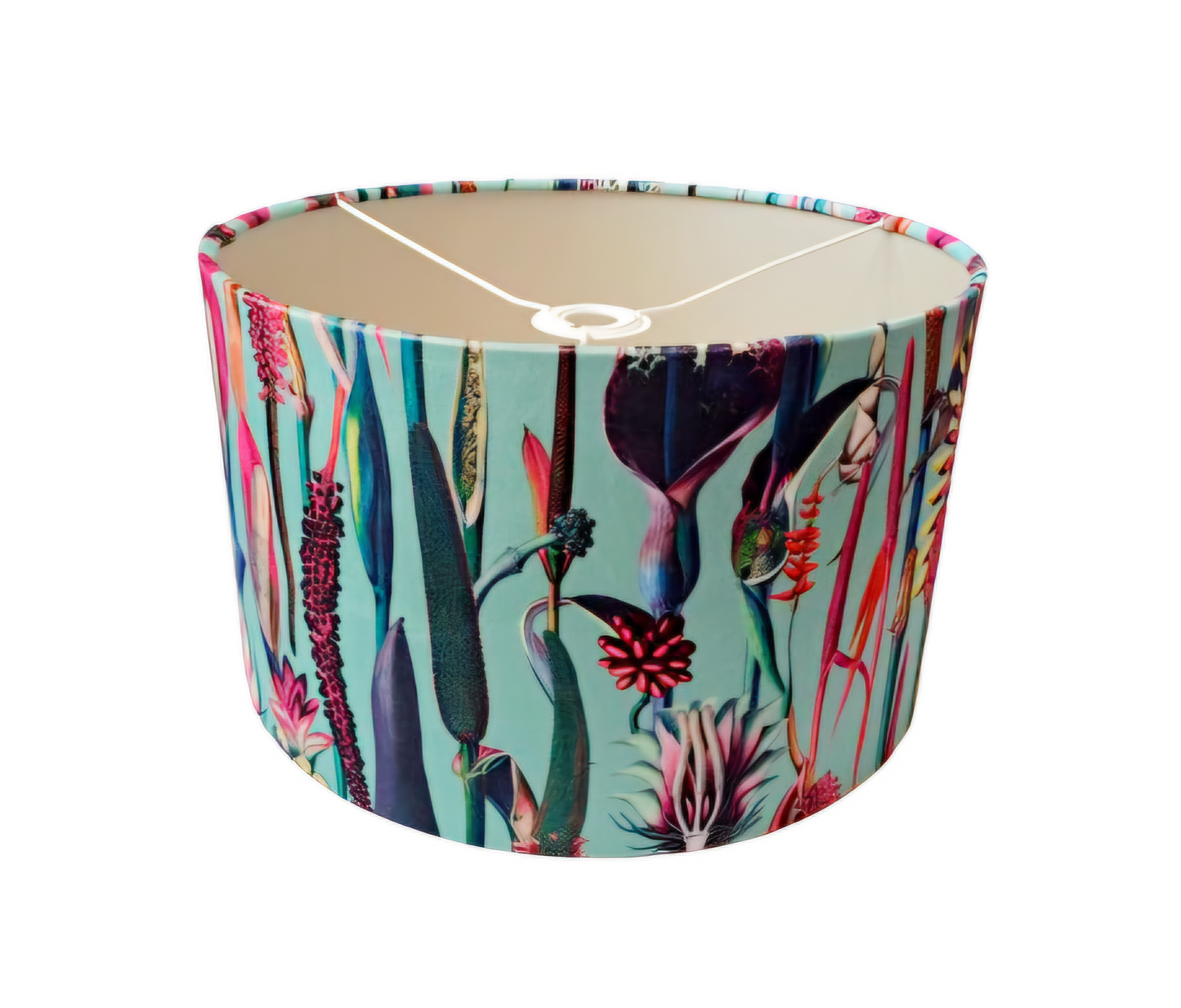 Botanical print lampshade in blue and pink with metallic embossed lining