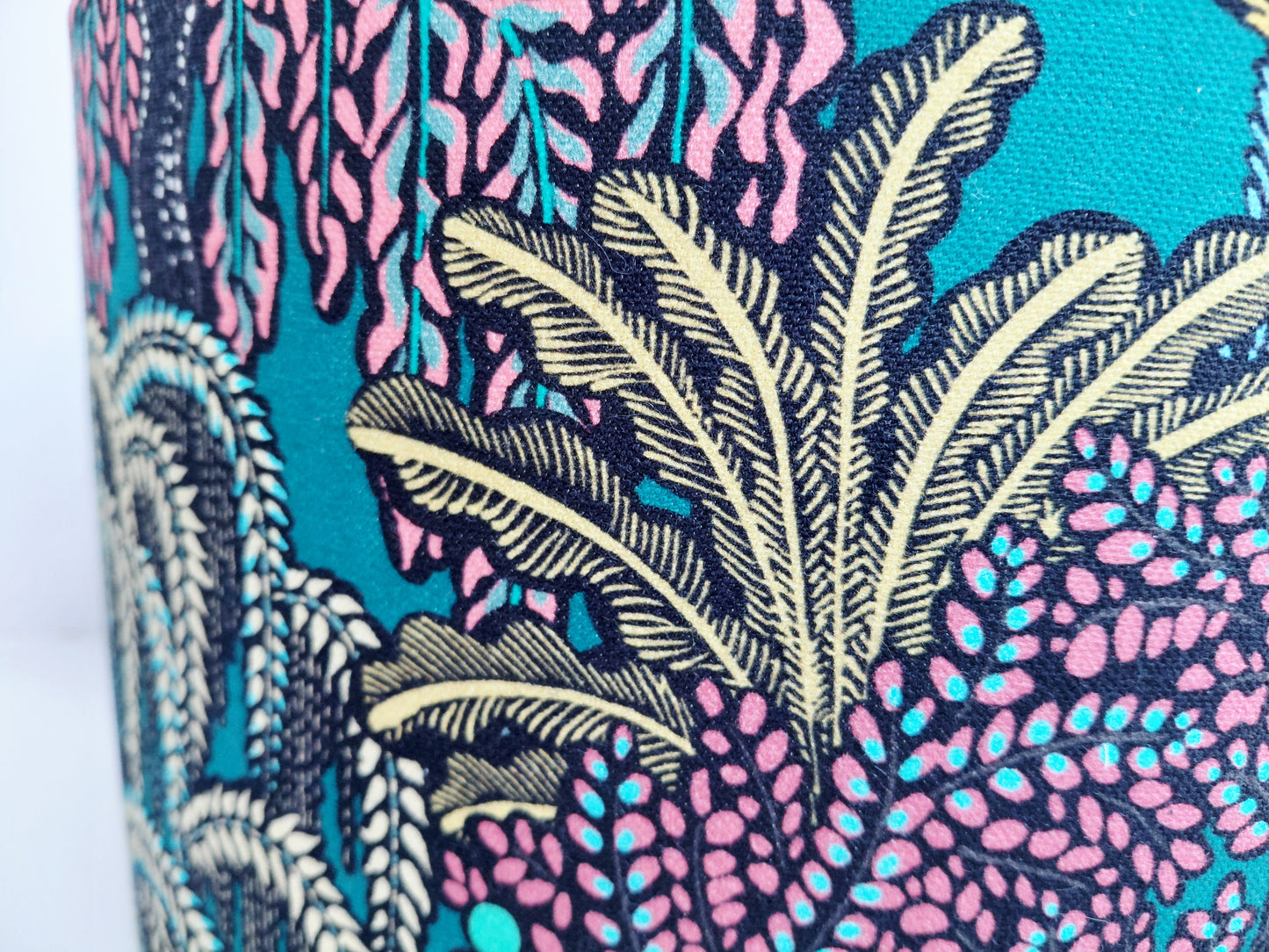 Tropical Print Lampshade – Teal and Pink Drum Shade – Lush Botanical Lamp Shade – Jungle inspired Print Lighting – Maximalist Decor
