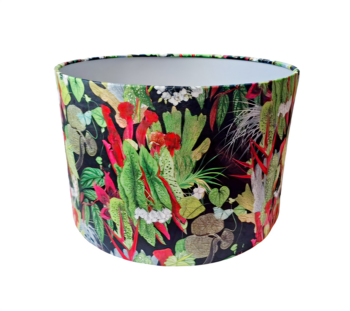 Tropical print lampshade in black, pink and green with metallic embossed lining