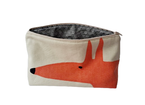 Mr Fox print large cosmetic bag in orange and beige