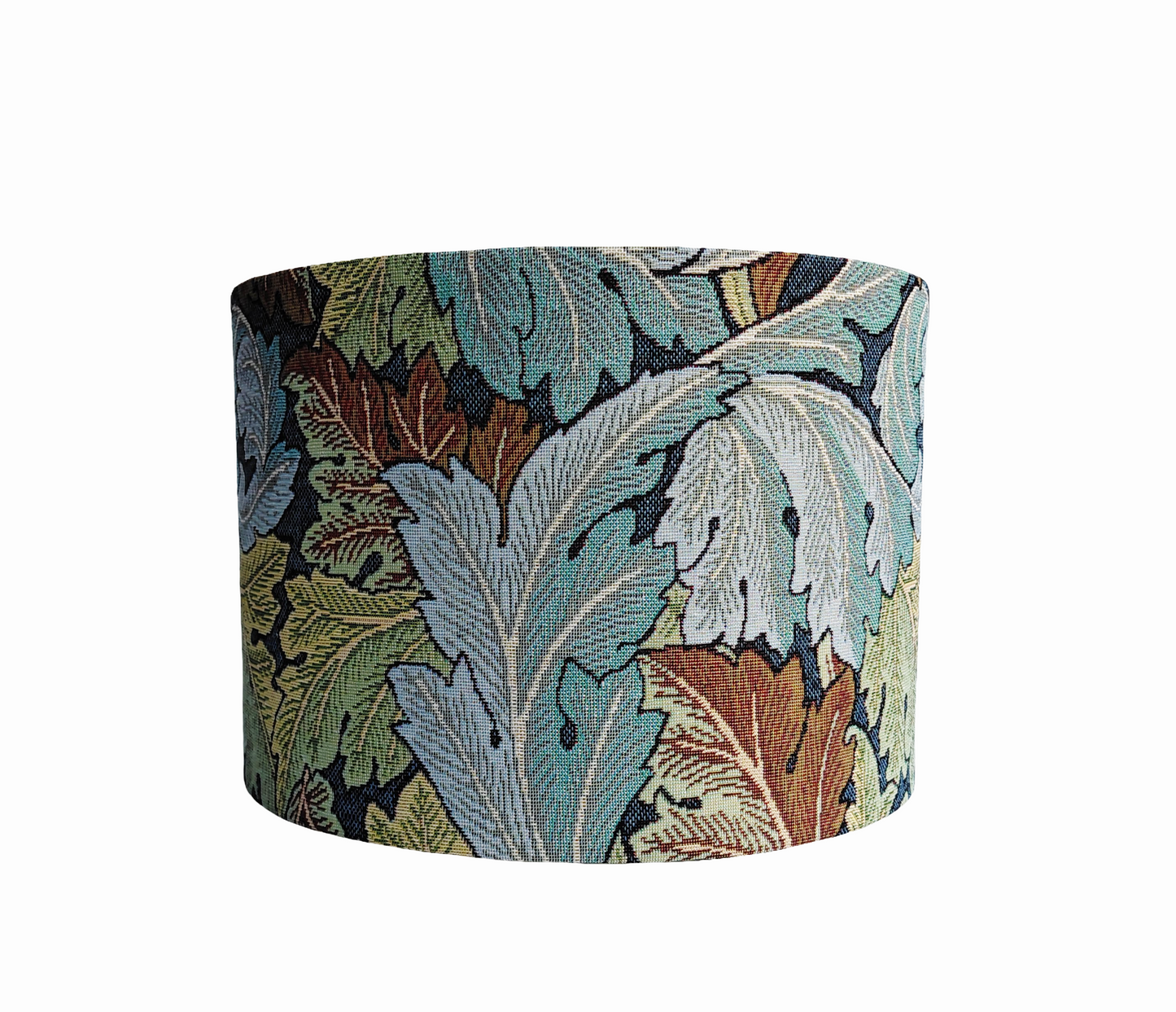 William Morris Acanthus tapestry print lampshade in blue and green with white lining