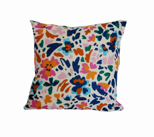 Abstract Floral Print cushion – Blue, Orange and Pink pillow –  Bright Flower Print decor – Modern Botanical Home Decor