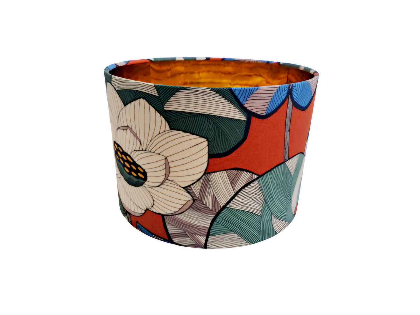 Waterlily print lampshade in orange and green cotton with gold mirror lining