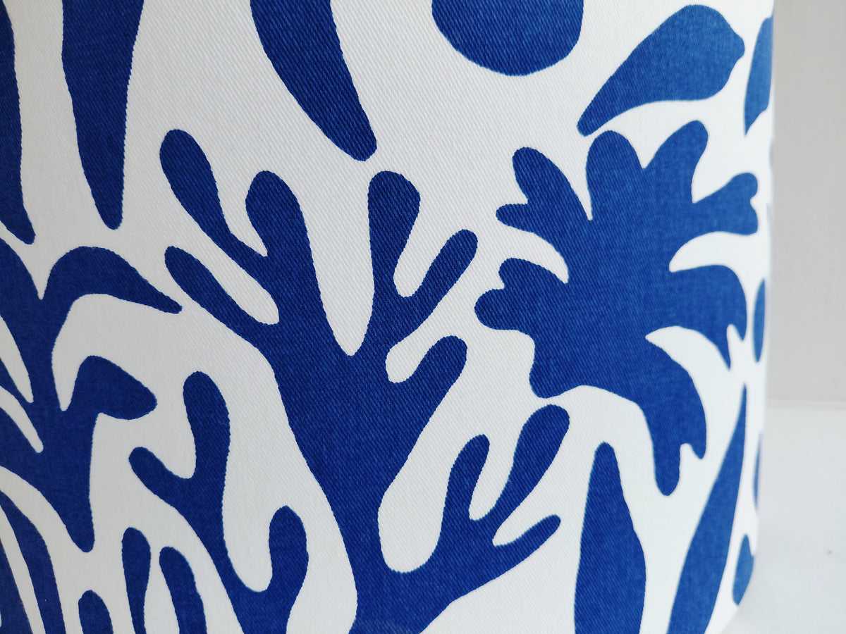 Blue seaweed print drum lampshade in blue and white. Coral reef print pendant