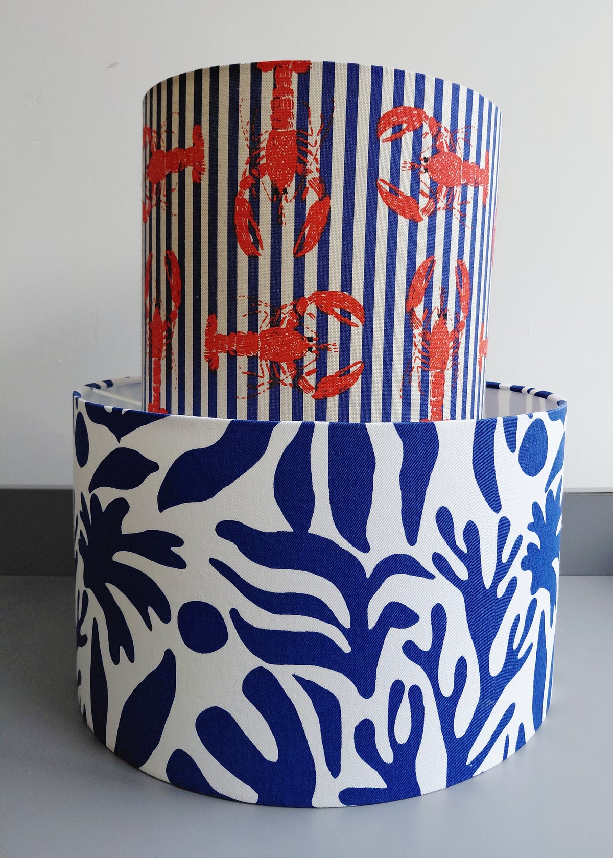 Blue seaweed print drum lampshade in blue and white. Coral reef print pendant