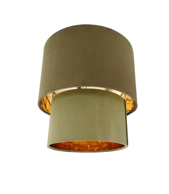 Two tier green velvet lampshade with gold mirror lining