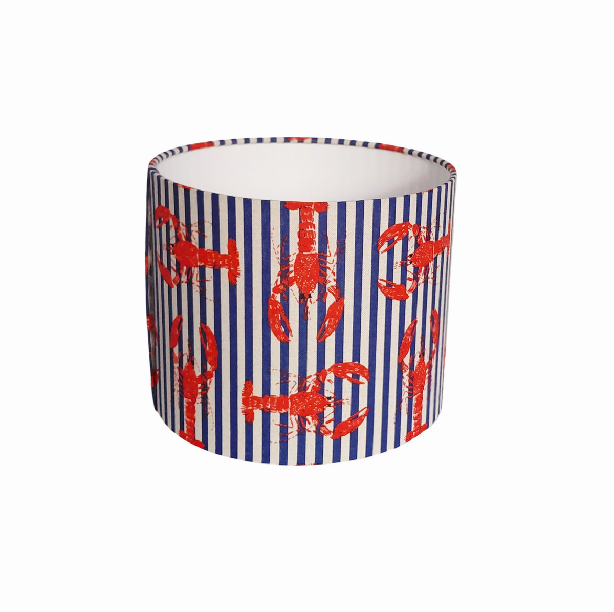 Red and blue lobster and stripe print drum lampshade: nautical print in red lamp and blue