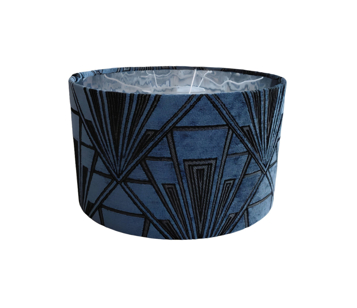 Art Deco print lampshade in navy with silver mirror lining