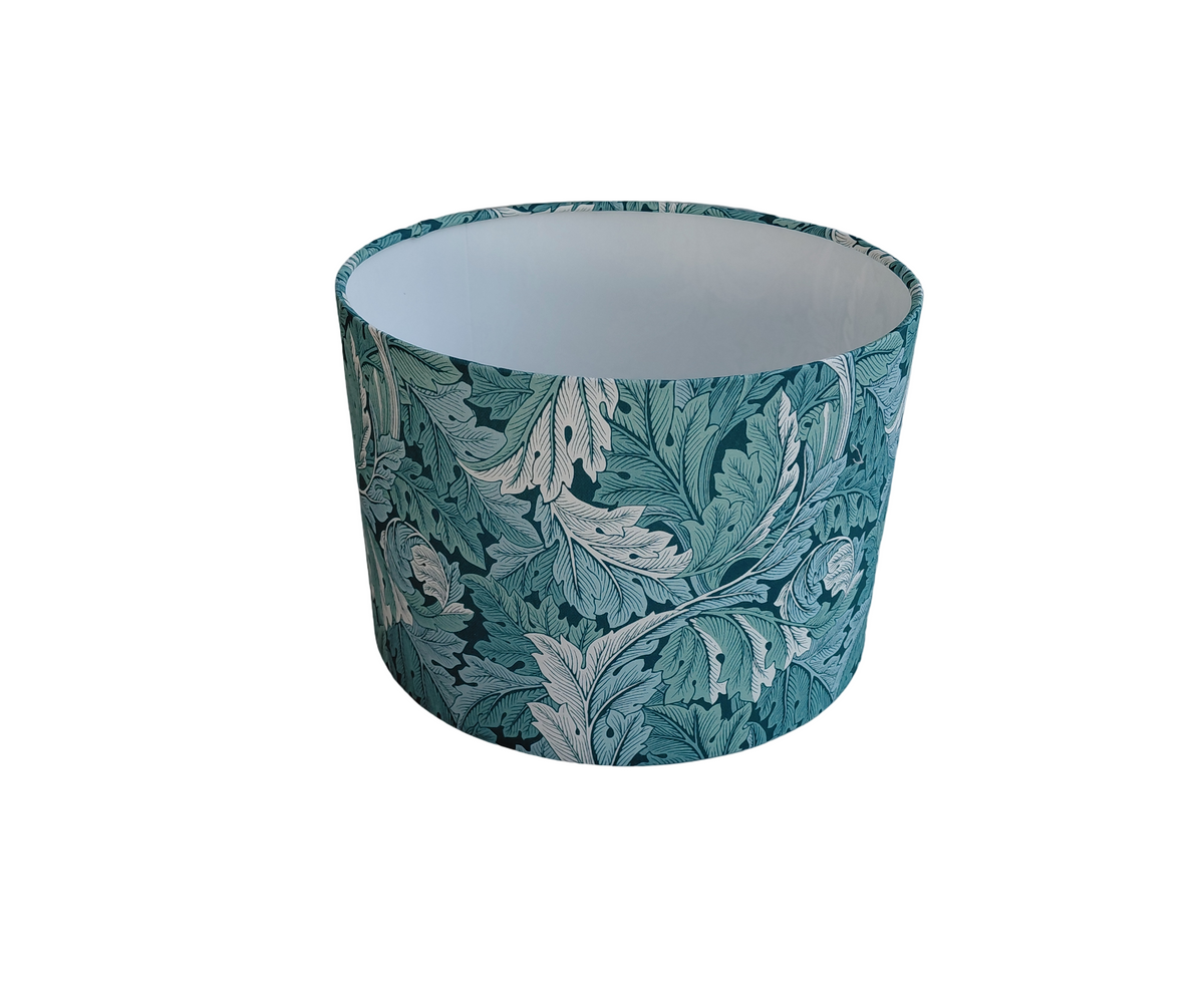 William Morris Acanthus linen print lampshade in teal with white lining