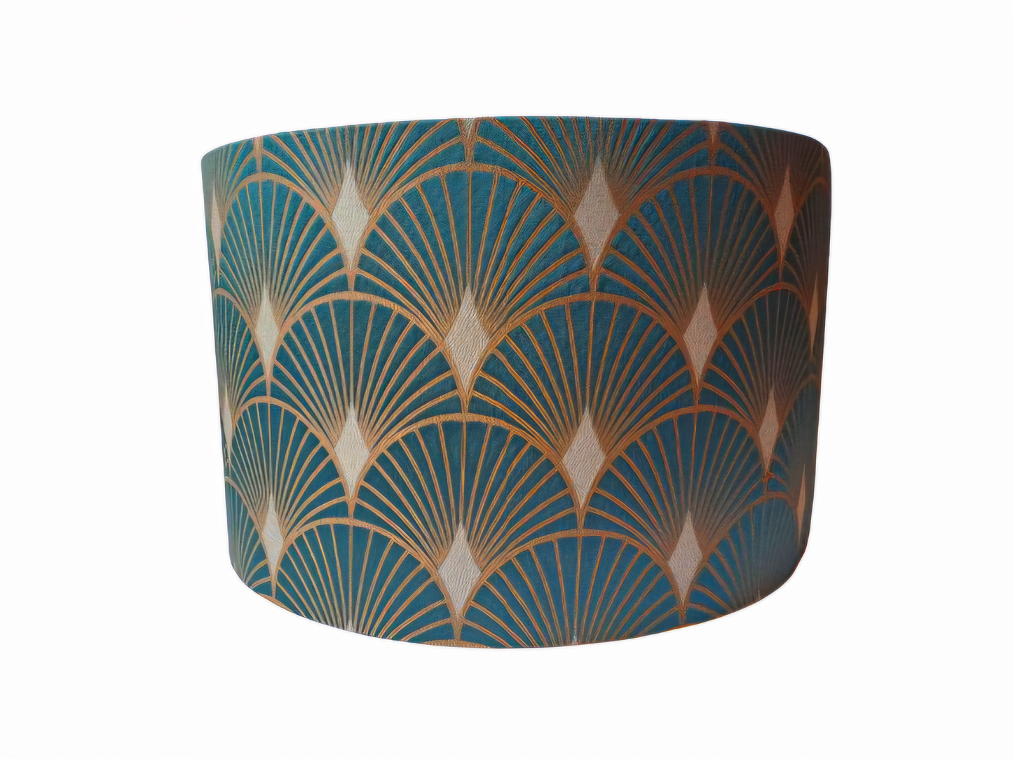 Art deco print lampshade in gold and green with metallic embossed lining