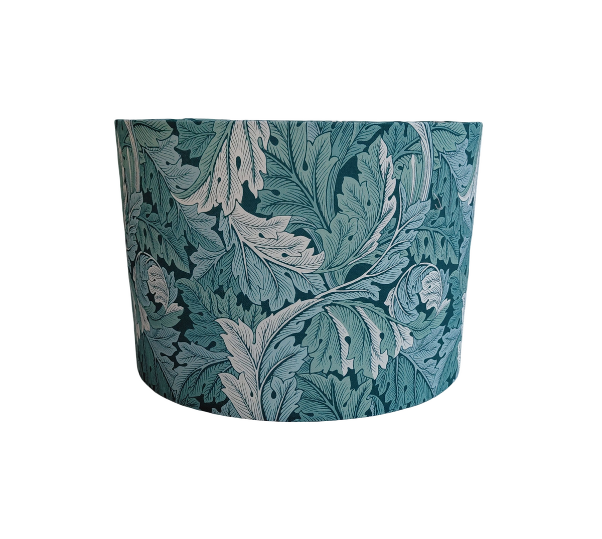 William Morris Acanthus linen print lampshade in teal with white lining