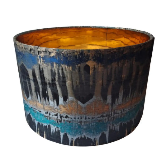 Abstract print lampshade in teal with mirror gold lining