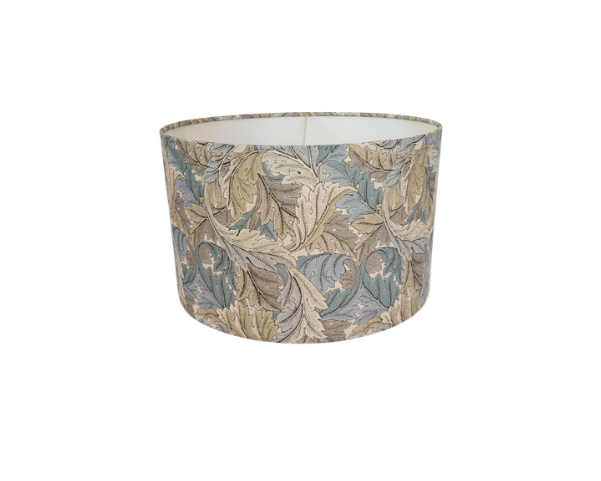 William Morris Acanthus linen print lampshade in grey and blue with white lining