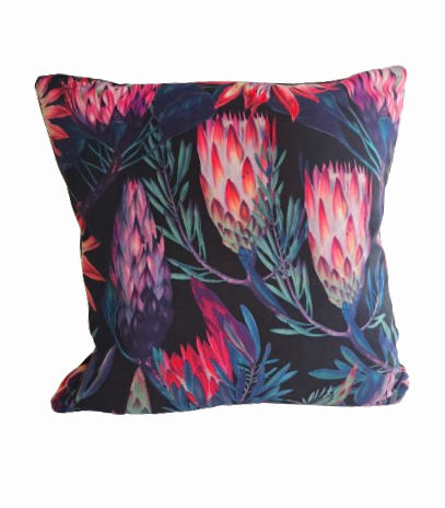 Flower print velvet cushion in pink and black