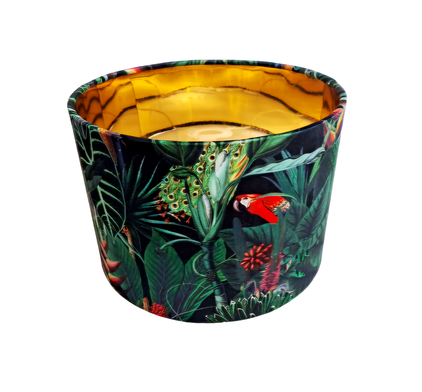 Tropical rainforest print lampshade in green velvet with gold mirror lining