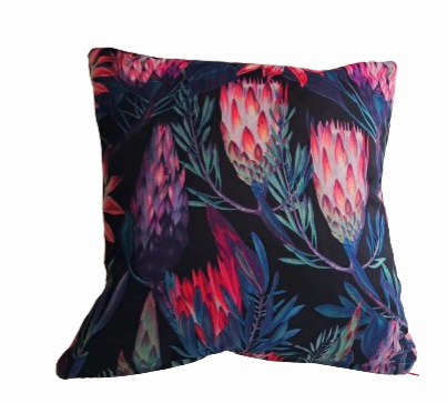 Flower print velvet cushion in pink and black