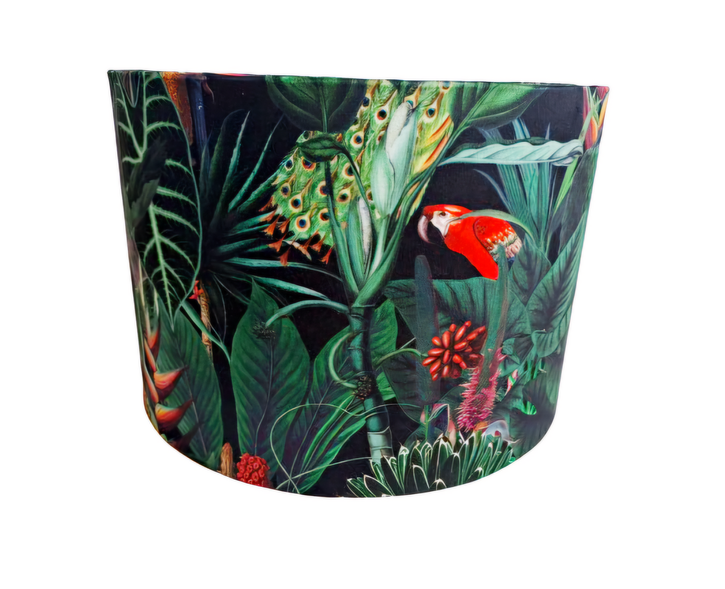 Tropical rainforest print lampshade in green velvet with gold mirror lining