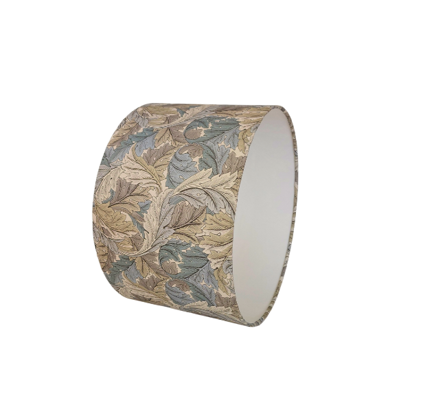 William Morris Acanthus linen print lampshade in grey and blue with white lining