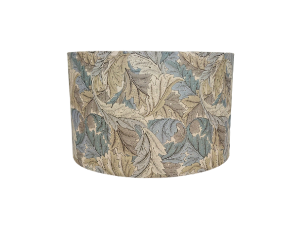 William Morris Acanthus linen print lampshade in grey and blue with white lining