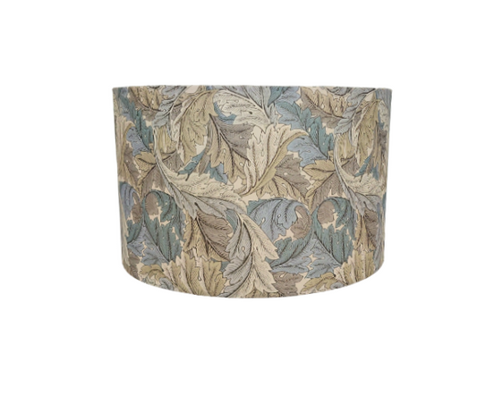 William Morris Acanthus linen print lampshade in grey and blue with white lining