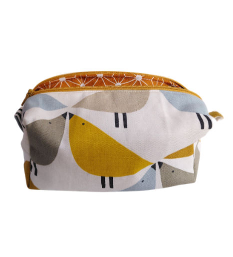 Love bird print cosmetic bag in yellow and blue