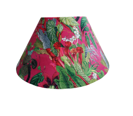 Tropical print lampshade in pink and green with white lining