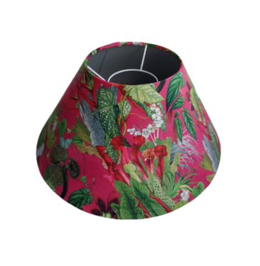 Tropical print lampshade in pink and green with white lining