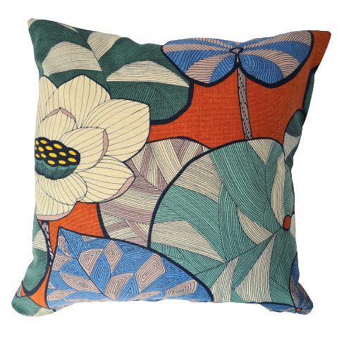 Waterlily print cushion in orange and green cotton