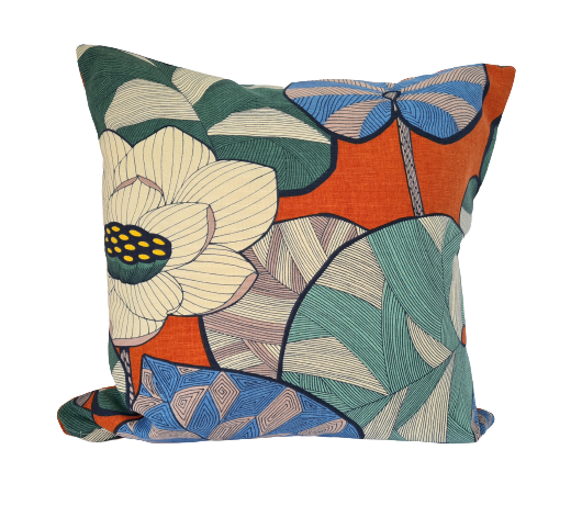 Waterlily print cushion in orange and green cotton