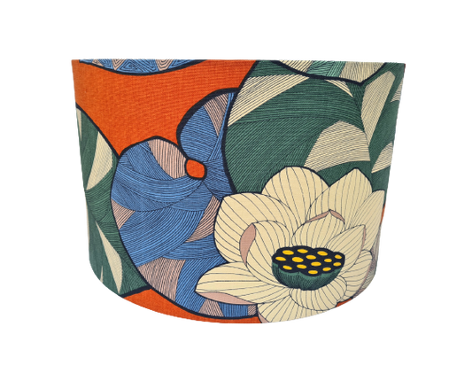 Waterlily print lampshade in orange and green cotton