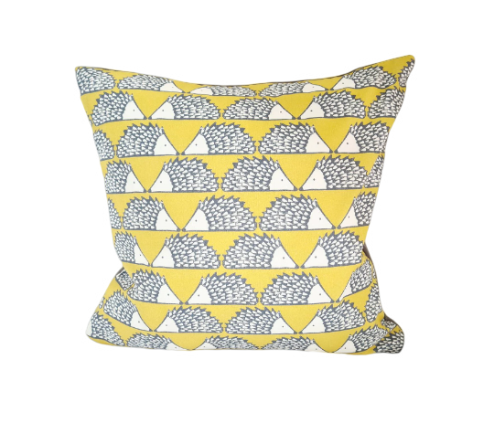 Hedgehog print cushion in mustard and grey