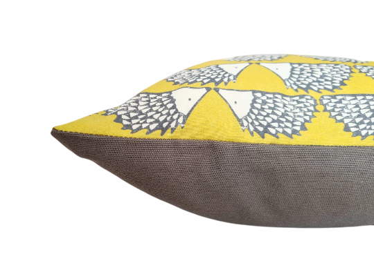 Hedgehog print cushion in mustard and grey