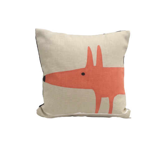 Mr Fox print cushion in beige and orange